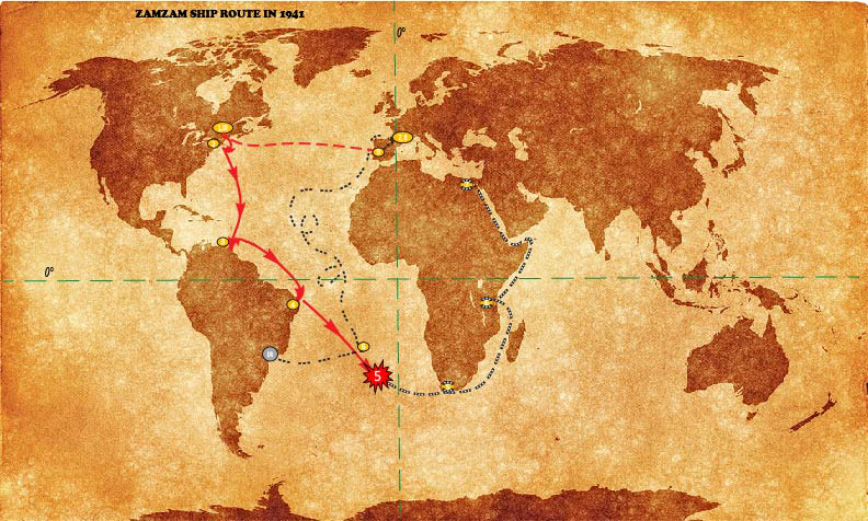 map showing the route the Zamzam took from New York City, NY, to South America, to the middle of the Atlantic Ocean where it was sunk by the Atlantis