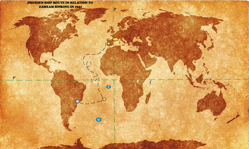 Dresden Ship Route in relation to Zamzam sinking in 1941