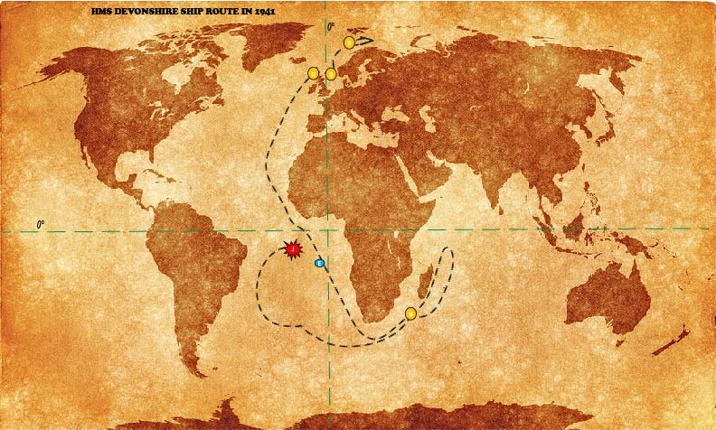 HMS Devonshire Ship Route in 1941